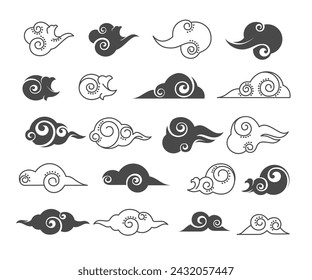 Korean and Japanese traditional clouds set. Decorative elements for Chinese New year and Mid autumn or Mooncake festival, graphic design. Asian art of mass of condensed water. Vector in flat style