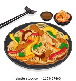 Korean japchae or chapchae (Stir-fried glass noodles and vegetables) with kimchi and sauce illustration vector.