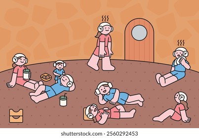 Korean jjimjilbang culture. People are relaxing in the hot sauna room, eating snacks and chatting. Cuttiny character with outline.