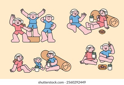 Korean jjimjilbang culture. In the sauna's lounge, people are relaxing, eating snacks, and chatting. Cuttiny character with outline.