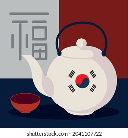 hervidor de agua coreano y taza de té con bandera
