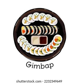 Korean kimbap. Isolated kimbap or gimbal in on white background. Authentic Asian food, Korean street food, a slice of rice roll. Top view, Vector illustration.