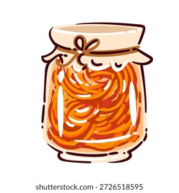 Frasco de kimchi coreano com fatias de repolho fermentado dentro do recipiente de vidro. Comida Kimchi preservada em frasco tradicional, textura de repolho picante, símbolo da cozinha coreana, ilustração isolada do vetor de desenhos animados.