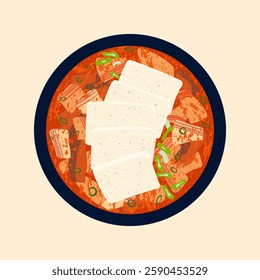 Korean kimchi stew vector illustration. Asian spicy kimchi jjigae soup dish with tofu slices and fermented cabbage served in bowl on light background. Traditional Korean cuisine in flat modern style