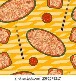 Korean kimchi vector seamless pattern. Traditional spicy asian side dish, sauce, chopsticks on bright yellow background. Modern textured illustration of fermented napa cabbage and seasonings on plate