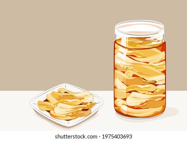 Korean Kimchi-fermented Cabbage In A Jar And A Plate. Isolated Cabbage Kimchi In A Jar Without Lid On Brown Background. Close Up Hand Drawing Food Vector Illustration.