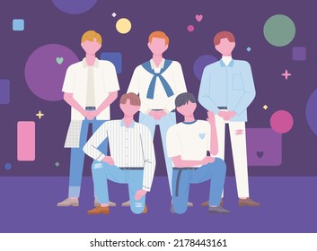 Korean K-pop boy groups are standing on stage in an ending pose. flat design style vector illustration.