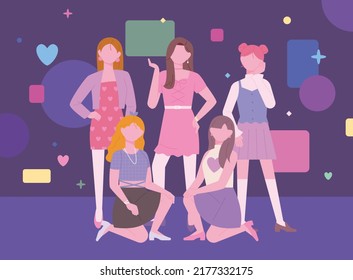 Korean K-pop girl groups are standing on stage in an ending pose. flat design style vector illustration.