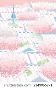 Korean landscape vector illustration with a tower and tiled roof in the spring.	