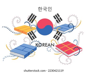 Korean language. Learning new language. Distance education, online learning courses concept. Reading books. Teaching foreign languages, vector illustration