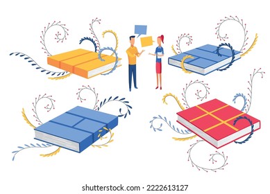 Korean language. People learning new language. Distance education, online learning courses concept. Students reading books cartoon characters. Teaching foreign languages, vector illustration
