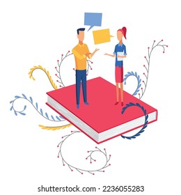 Korean language. People learning new language. Distance education, online learning courses concept. Students reading books cartoon characters. Teaching foreign languages, vector illustration