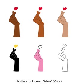 Korean love sign, love finger hand gesture icons set vector isolated. Various different skin colors. Hand drawn flat doodle style design elements