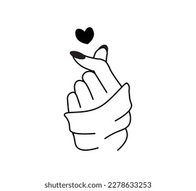 Korean love sign, finger heart, I love you gesture, valentine symbol, cute black and white vector design
