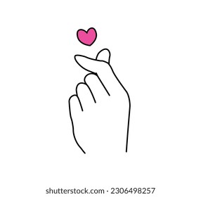 Korean love sign, finger heart, I love you gesture, valentine symbol, cute black and white vector design