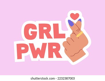 Korean love sign and Girl power lettering. Women motivation slogan. Feminist movement sticker. Hand drawn vector illustration isolated on pink background. Modern flat cartoon style.