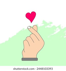 Korean love sign. Korea finger heart vector illustration. Vector illustration of hand gesture sign i love you with red heart on white color background. 