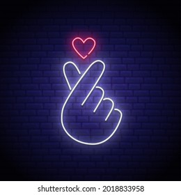 Korean love sign. K-POP colorful neon sign on a brick wall. Sign of Finger Heart. Vector illustration