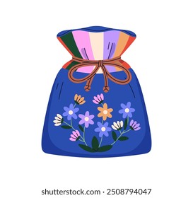 Bolso de la suerte coreano para las vacaciones de Chuseok. Bolsa de dinero de la fortuna para la buena suerte y la prosperidad. Bokjumeoni asiático chino con bordado de flores. Ilustración vectorial plana aislada sobre fondo blanco