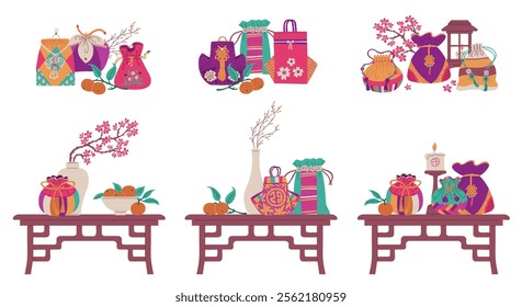 Korean lucky bag composition with branch of Sakura in vase, candle and mandarins on the table. Traditional Asian purses for gifts on oriental holiday. Chinese textile pouch vector illustrations set