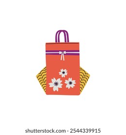 Bolso de la suerte coreano decorado con flores. Contenedor tradicional asiático del símbolo de la suerte para los regalos en vacaciones lunares orientales. Bolso chino, bolsillo, bolsa de seda para la buena suerte y Ilustración vectorial de monedas