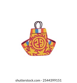 Korean lucky bag decorated with flowers pattern and hieroglyph. Traditional Asian lucky symbol purse for gifts on oriental lunar holiday. Vector Chinese textile pouch for good luck and coins