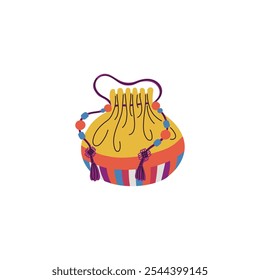 Korean lucky bag decorated with tassels and beads vector illustration. Traditional Asian purse for gifts on oriental lunar holiday. Chinese colorful textile pouch for good luck and coins