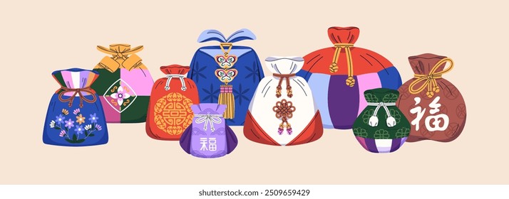 Korean lucky bags, chuseok. Money gift, luck charm, traditional Korea pouch, silk purse for Asian oriental Lunar holiday. Chinese bokjumeoni, fortune presents composition. Flat vector illustration