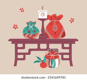 Composición coreana de bolsas de la suerte con vela encendida en la mesa. Bolsos asiáticos tradicionales para regalos en vacaciones lunares orientales. Bolsa textil china para la buena suerte y Ilustración vectorial de monedas