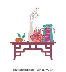 Korean lucky bags composition with vase and mandarin on the table. Traditional Asian purses for gifts on oriental lunar holiday. Chinese textile pouch for good luck and coins vector illustration