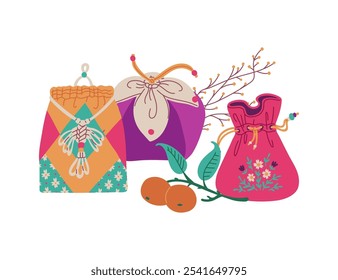 Korean lucky bags decorated with flowers pattern, tassels and beads vector composition. Traditional Asian purses for gifts on oriental lunar holiday. Chinese textile pouch for good luck and coins