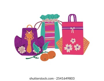 Korean lucky bags decorated with flowers pattern and tassels vector composition with fruits. Traditional Asian purses for gifts on oriental holiday. Chinese textile pouch for good luck and coins