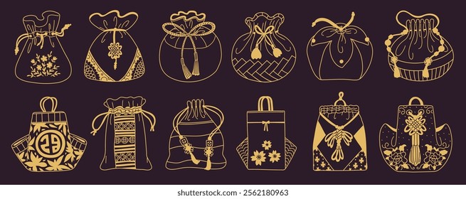 Korean lucky bags decorated with flowers pattern, tassels and beads outline vector icons set. Traditional Asian purses for gifts on oriental lunar holiday line art. Chinese silk pouch for coins