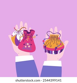 Korean lucky bags on hands vector illustration. Traditional Asian purses for gifts on oriental lunar holiday. Chinese textile pouches decorated with flowers pattern, tassels and beads