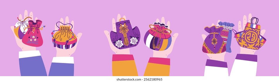 Korean lucky bags on hands vector illustrations set. Traditional Asian colorful purses for gifts on oriental lunar holiday. Chinese textile pouches decorated with flowers pattern, tassels and beads