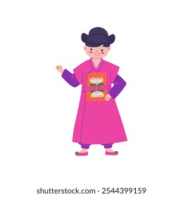 Korean lucky girl in dress decorated with flowers on the belt. Asian character in traditional costume greets with hand. Pretty Chuseok doll. Vector flat oriental character isolated on white