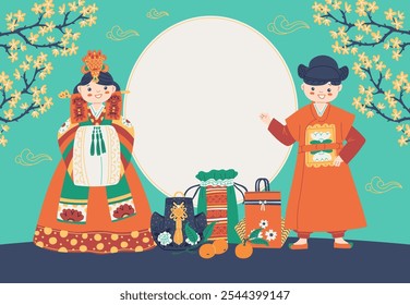 Korean lucky girl in traditional costume and lucky bags decorated with flowers pattern and tassels vector composition with fruits and branches of Sakura. Asian purses for gifts on oriental holiday