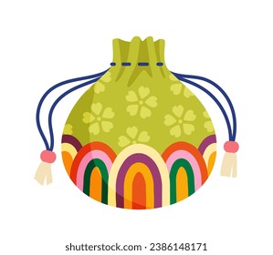 Concepto coreano de puchecilla afortunada. Las tradiciones y la cultura asiáticas. Bolsa verde con sorpresa. Elemento gráfico para el sitio web. Regalo o regalo. Dibujo vectorial plano de dibujos animados aislado en fondo blanco