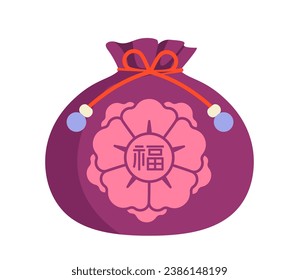 Korean lucky pouch concept. Asian traditions and culture. Violet bag with surprise. Flyer and booklet. Gift or present. Cartoon flat vector illustration isolated on white background