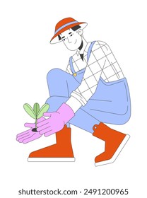 Korean male planting seedling 2D cartoon character. Asian man farmer holding young sprout isolated flat vector person white background. Agricultural vegetable field color spot illustration