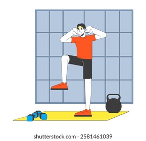 Korean man in activewear performing knee lift exercise 2D cartoon character. Fitness asian guy with gym equipment on mat isolated person flat vector on white background. Spot illustration colorful