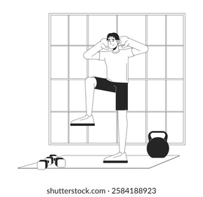 Korean man in activewear performing knee lift exercise black and white 2D line character. Fitness asian guy with gym equipment on mat isolated vector outline person. Monochromatic spot illustration