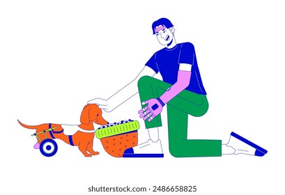 Korean man with arm prosthesis feeding disabled dog from hat 2D linear cartoon character. Pet owner with disabilities isolated line vector person white background. Life color flat spot illustration