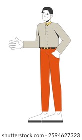 Korean man in business casual attire extending hand for greeting 2D cartoon character. Confidence, friendliness, welcoming personality flat vector person isolated on white. Spot illustration colorful