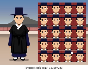 Korean Man Cartoon Emotion faces Vector Illustration