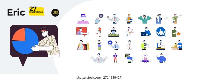 Personaje de hombre coreano para trabajo y comunicación ilustraciones planas de dibujos animados mega Paquete. Escribir, enfermar, relajarse. Oficinista, Imágenes 2D turísticas aisladas en blanco. Dibujos de Vector de colección coloridos