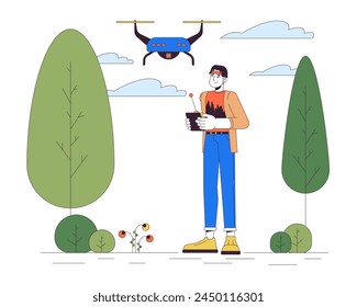 Korean man with drone in park line cartoon flat illustration. Asian guy controlling quadcopter 2D lineart character isolated on white background. UAV technology in daily life scene vector color image