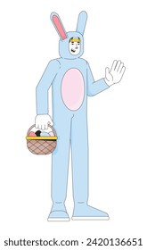 Korean man in Easter bunny costume 2D linear cartoon character. Funny animal suit guy isolated line vector person white background. Rabbit mascot holding basket color flat spot illustration