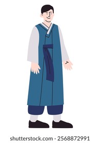 Korean man wearing South Korea traditional Hanbok dress culture heritage attire Asian ethnicity colorful character design icon set facial expression face