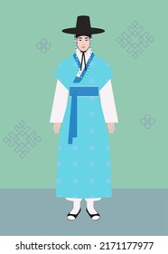 Coreano con trajes tradicionales. Personaje masculino en el hanbok de disfraces nacionales decorados. Ropa festiva folclórica coreana. Ilustración de dibujos animados de vector plano